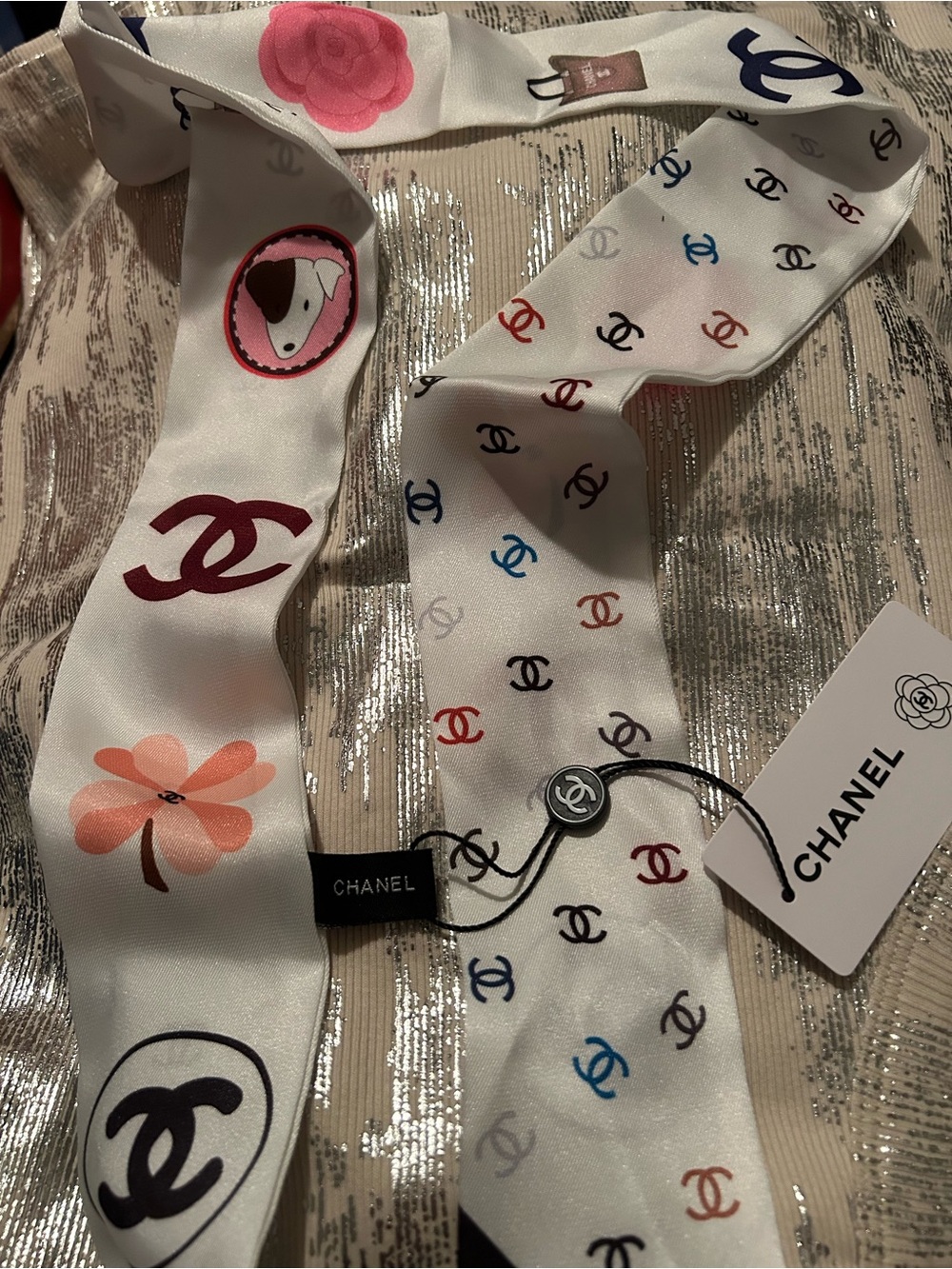 CHANEL White Multicolor CC Motif 100% Silk Twilly Scarf Beautiful